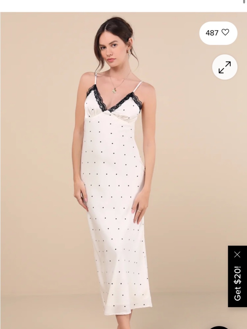 Lulu's Ivory Slip Dress with Black Polka Dots and Lace Trim